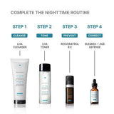 Step-by-step skincare routine with products on a white background
