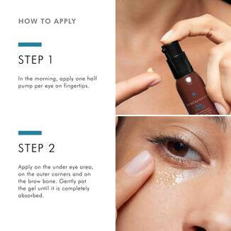 Step-by-step guide on applying a skincare product with close-up of eye area.
