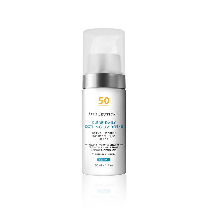 SkinCeuticals Clear Daily Soothing UV Defense sunscreen bottle on a white background