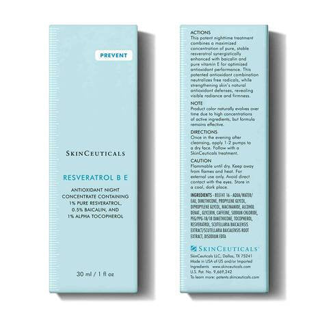 SkinCeuticals Resveratrol B E skincare product packaging with text on a white background